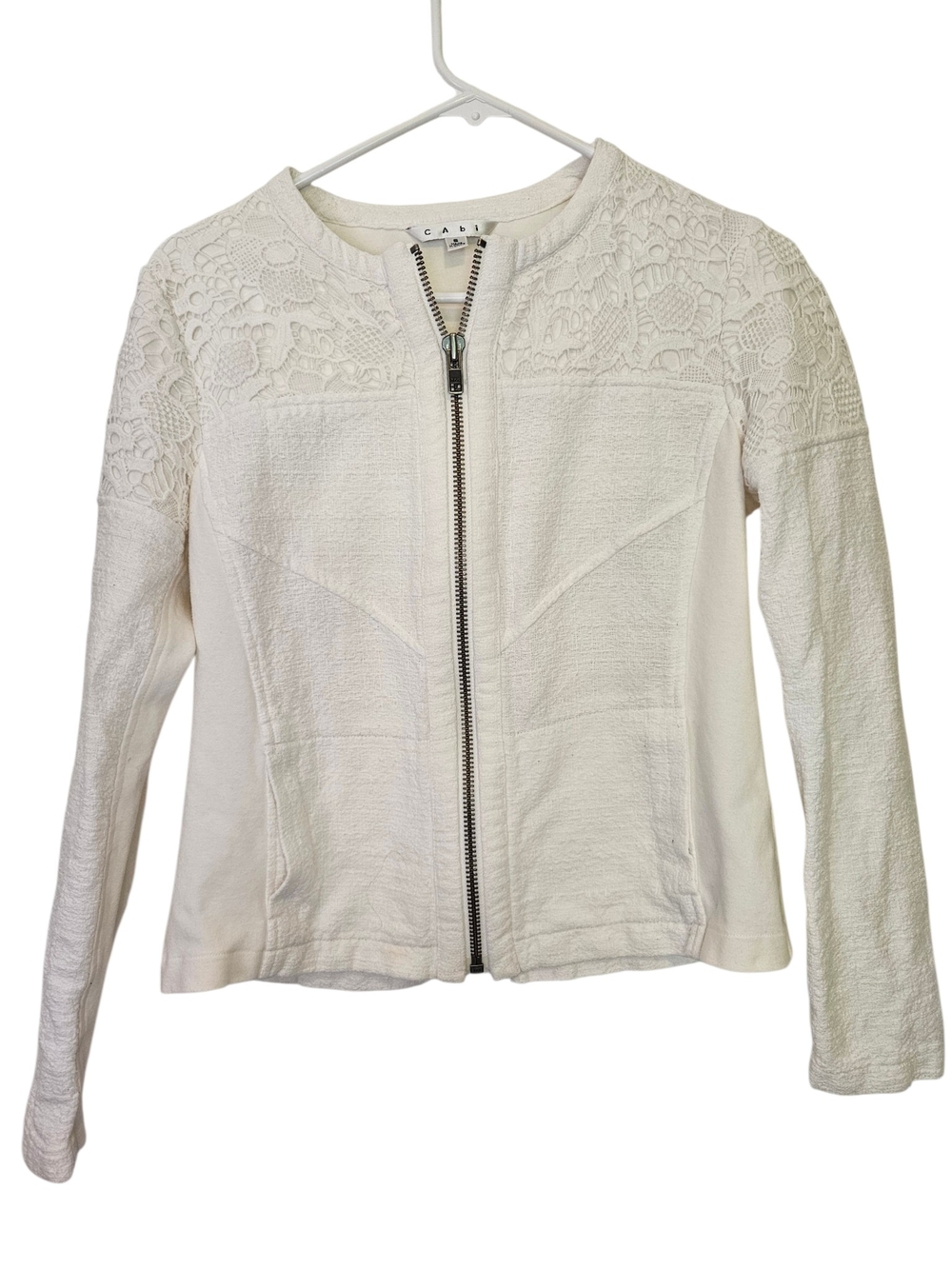 CAbi Cream Lace-Shoulder Zip Jacket Preppy Casual